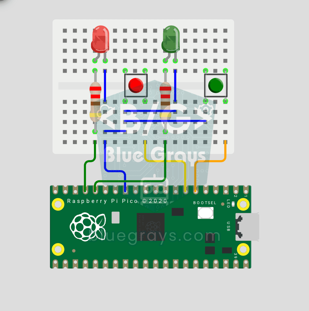 Raspberry Pi Pico: controllo indipendente di 2 LED tramite 2 pulsanti (GP12-13 + GP4-5)